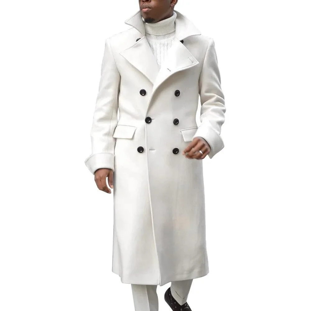 Men's White Notch Lapel Double Breasted Long Trench Coat Cotton Blend Pea Coat